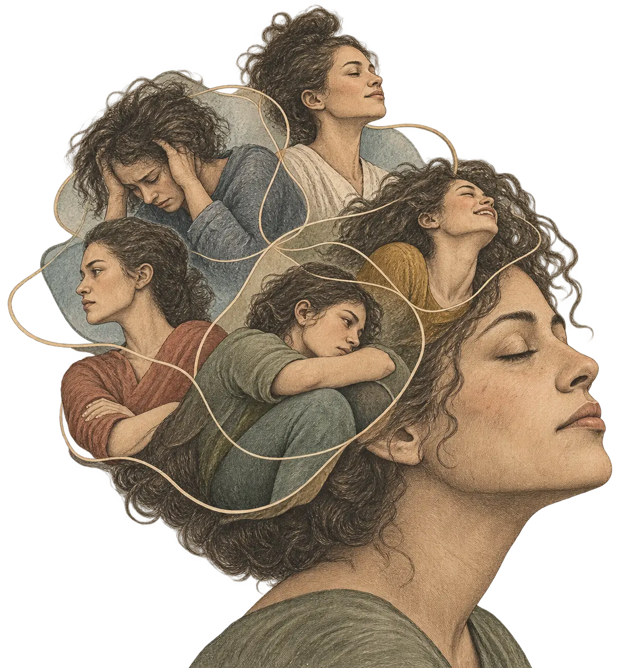 Vintage-style illustration of several emotional parts connected around a calm central figure