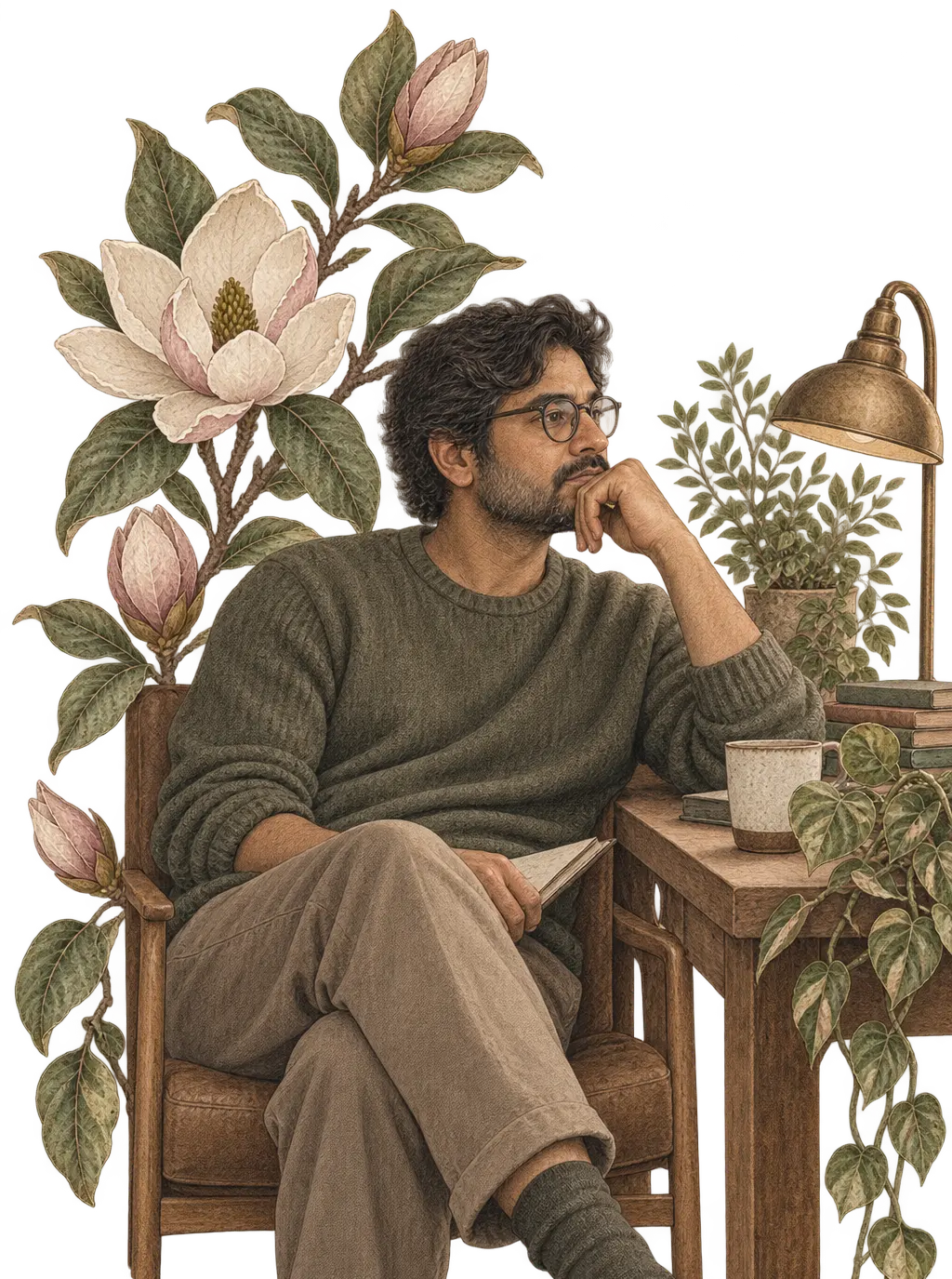 Illustration of a person seated beside magnolia branches with a notebook