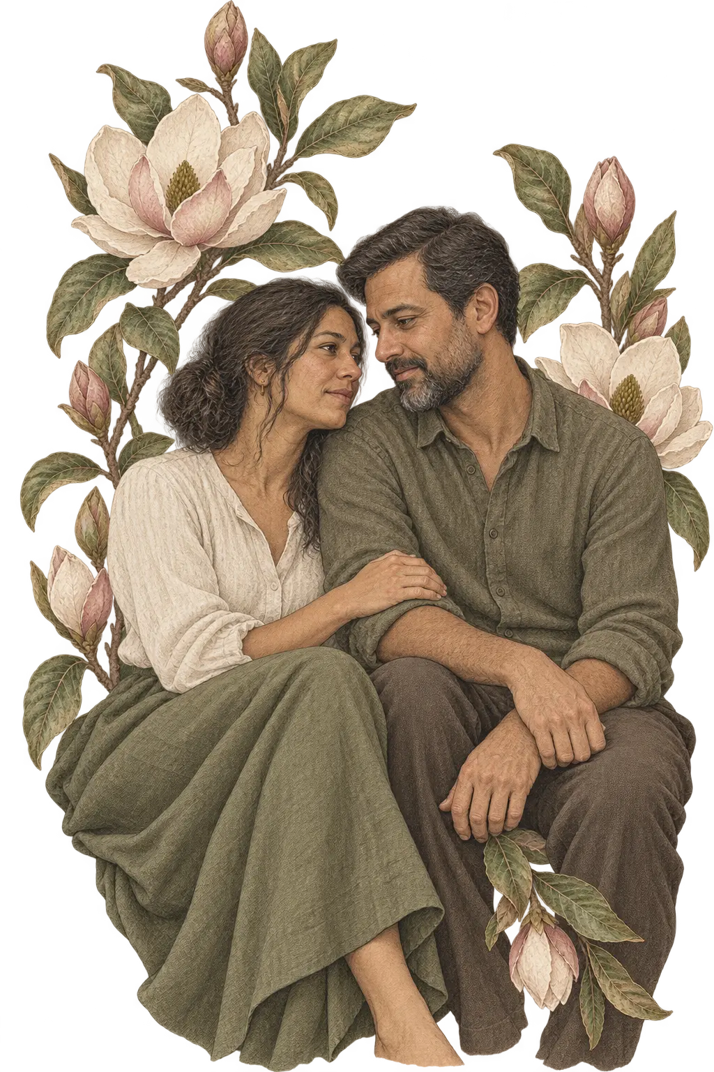 Illustration of a couple seated together among magnolia branches
