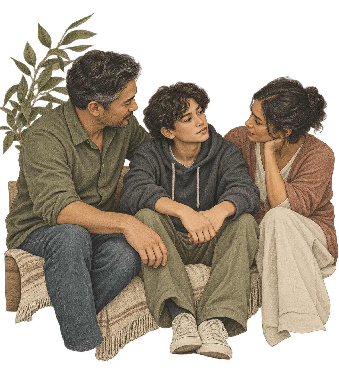 Illustration of two parents and two children seated closely together among leafy branches